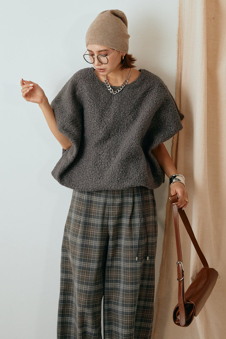 [SET]ボアワイドトップス+編みベルト付きタータンチェックワイドパンツ(2set)