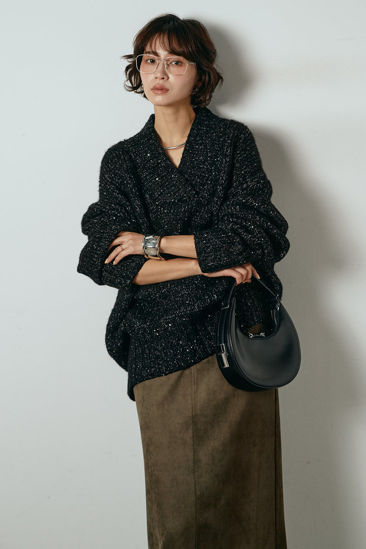 [SET]Vネックラメニットトップス+スウェードライク裾フリンジスカート(2set)