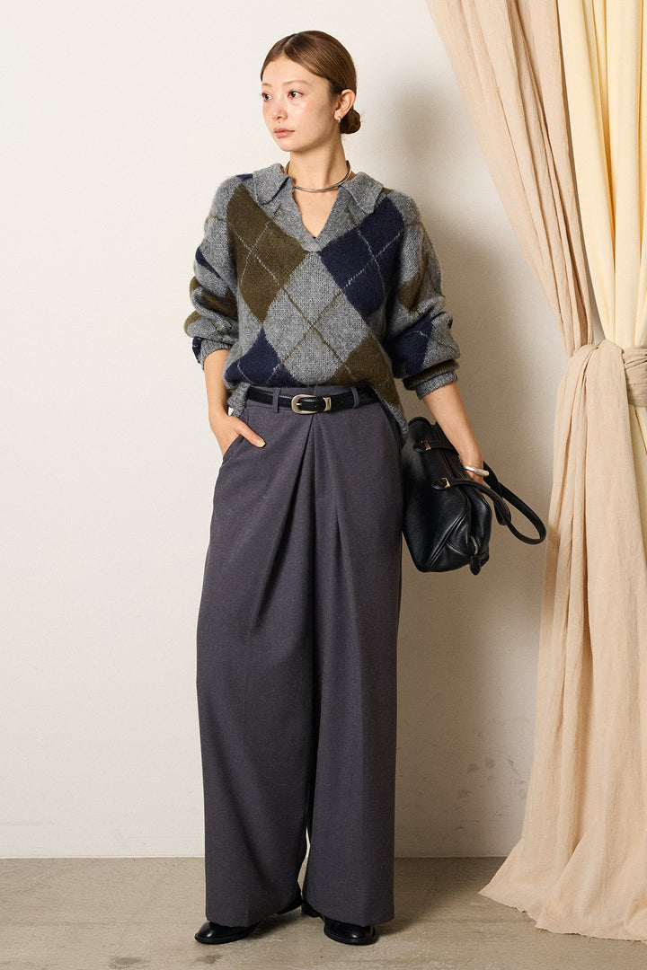[SET]アクリルモヘアアーガイルキーネックプルオーバー+フロントワイドタックネップ入ワイドパンツ(2set)