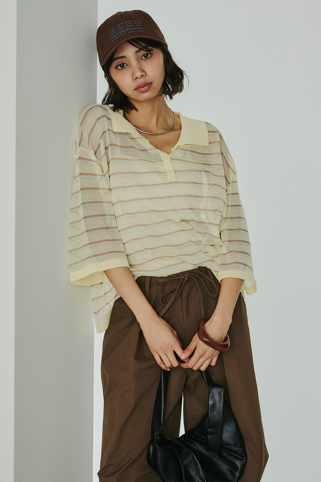 [SET]ボーダーニットポロシャツ+ニーサイドタックウエストドロスパンツ(2set)