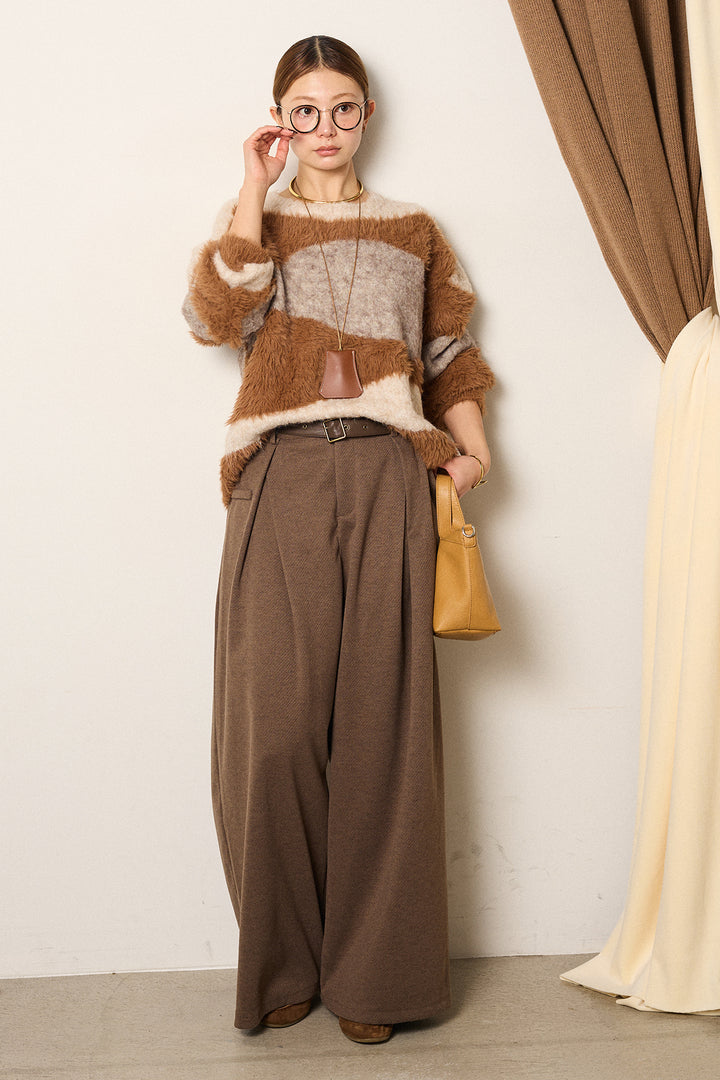 [SET]シャギーウェーブ柄クルーネックニットトップス+細ベルト付き起毛タックワイドパンツ(2set)