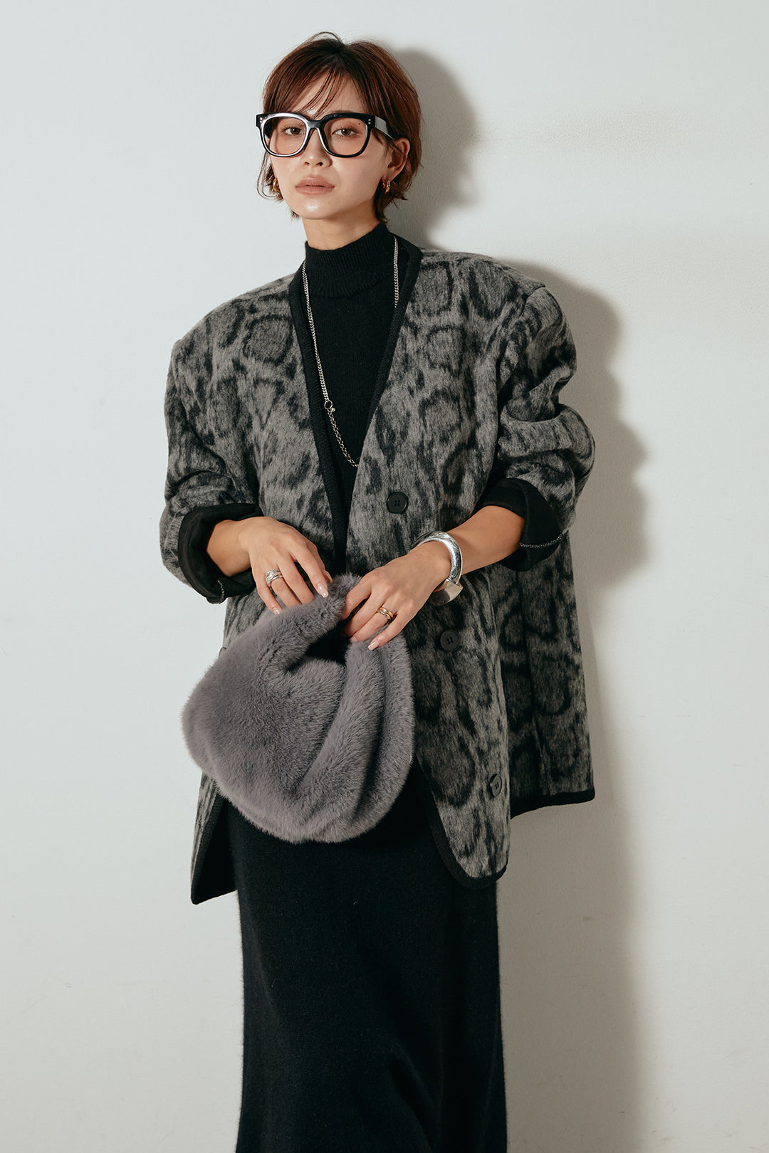 [SET]ノーカラーレオパード柄アウター+ノースリーブニットロングワンピース(2set)