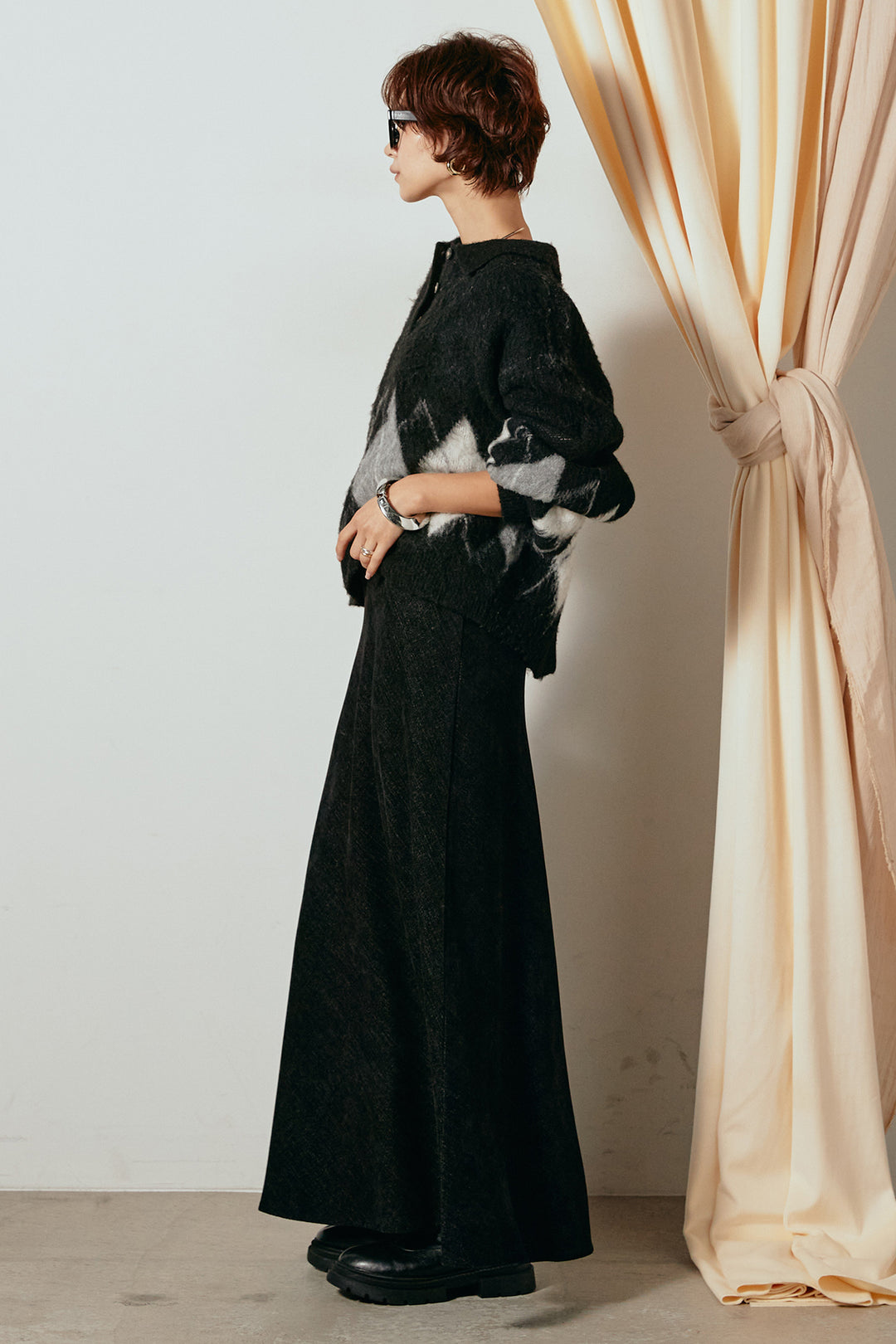 [SET]アーガイル柄ポロニットトップス+スウェードライクロングスカート(2set)