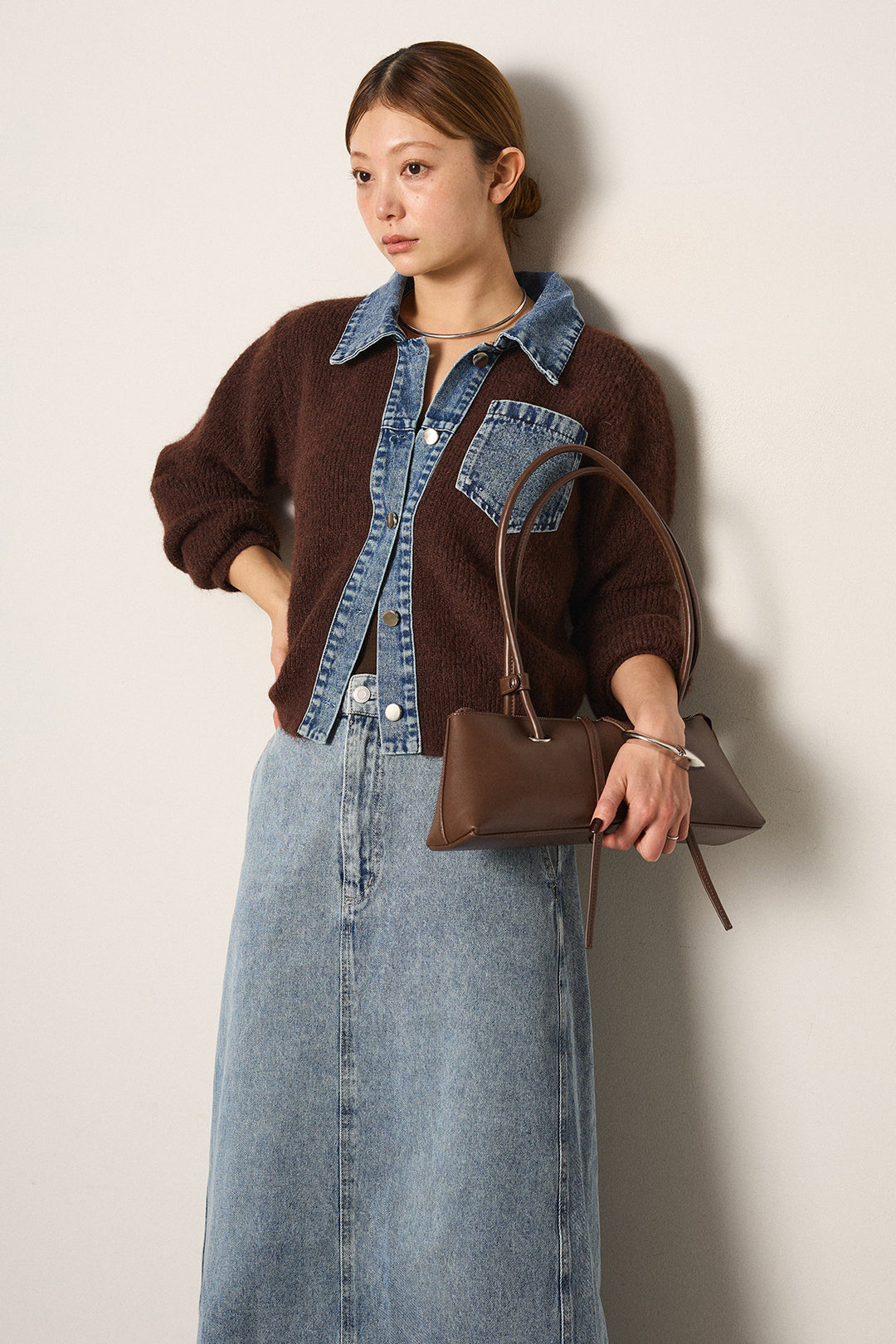 [SET]襟付きデニム切替ニットカーディガン+デニムロングフレアスカート(2set)