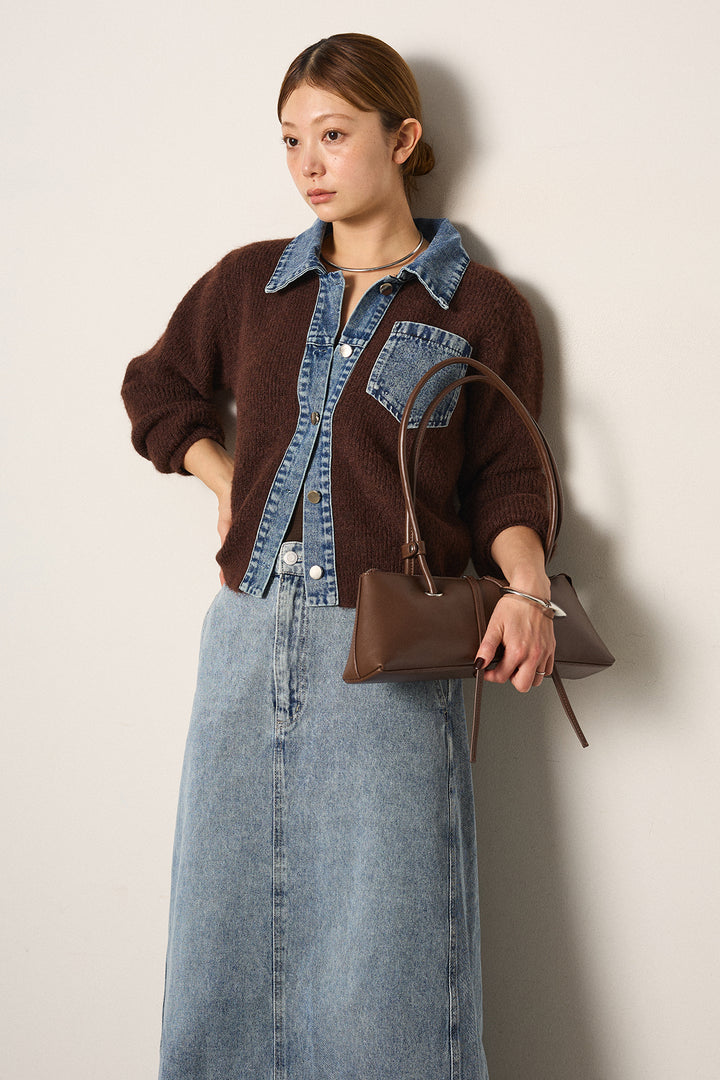 [SET]襟付きデニム切替ニットカーディガン+デニムロングフレアスカート(2set)