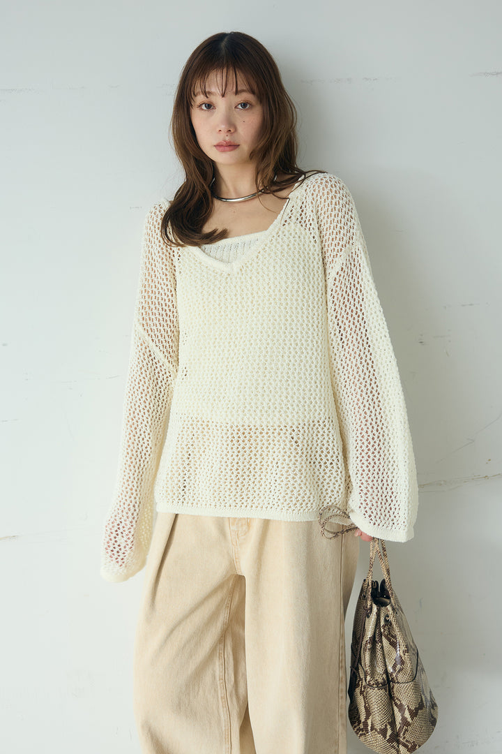 [SET]メッシュ編みビスチェセットVネックプルオーバー+カラーデニムタックカーブパンツ(2set)