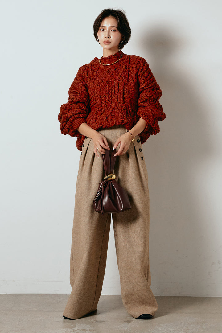 [SET]アラン柄ミックスケーブルニット+サイドボタンツイードタックパンツ(2set)