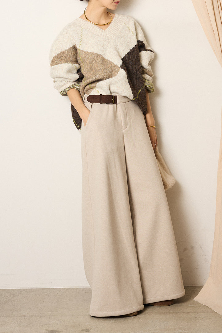 [SET]ルーズアーガイルVネックニット+サイドベルトパンツ(2set)