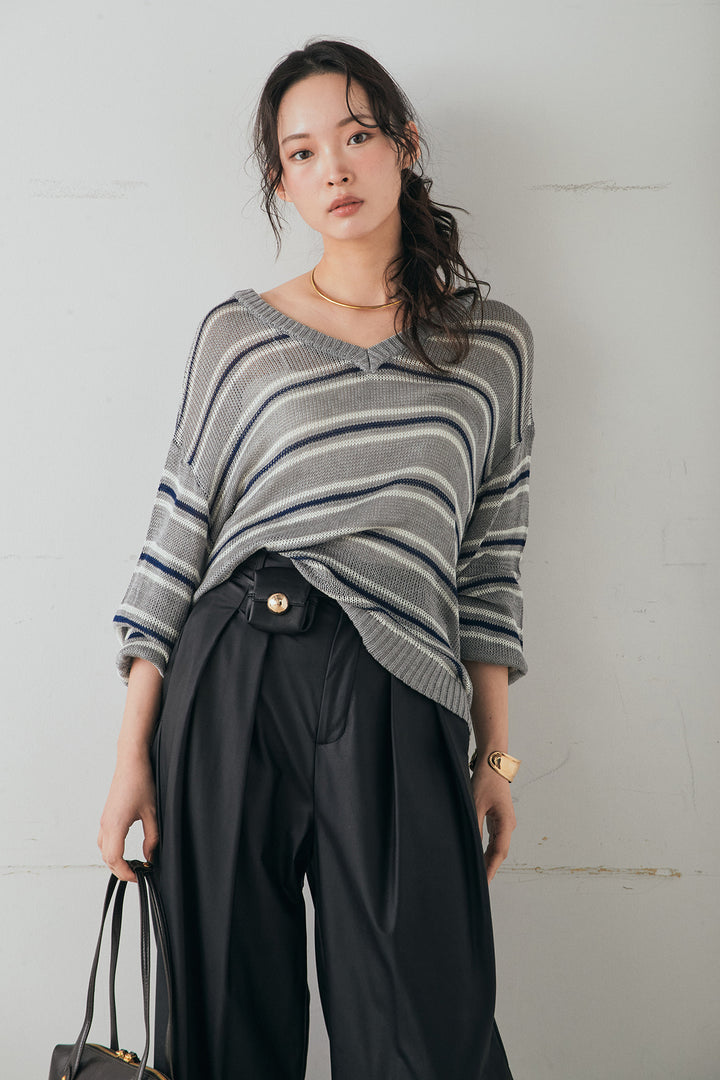 [SET]綿タッチVネックボーダートップス+ウォッシャブルエコレザータックパンツ(2set)