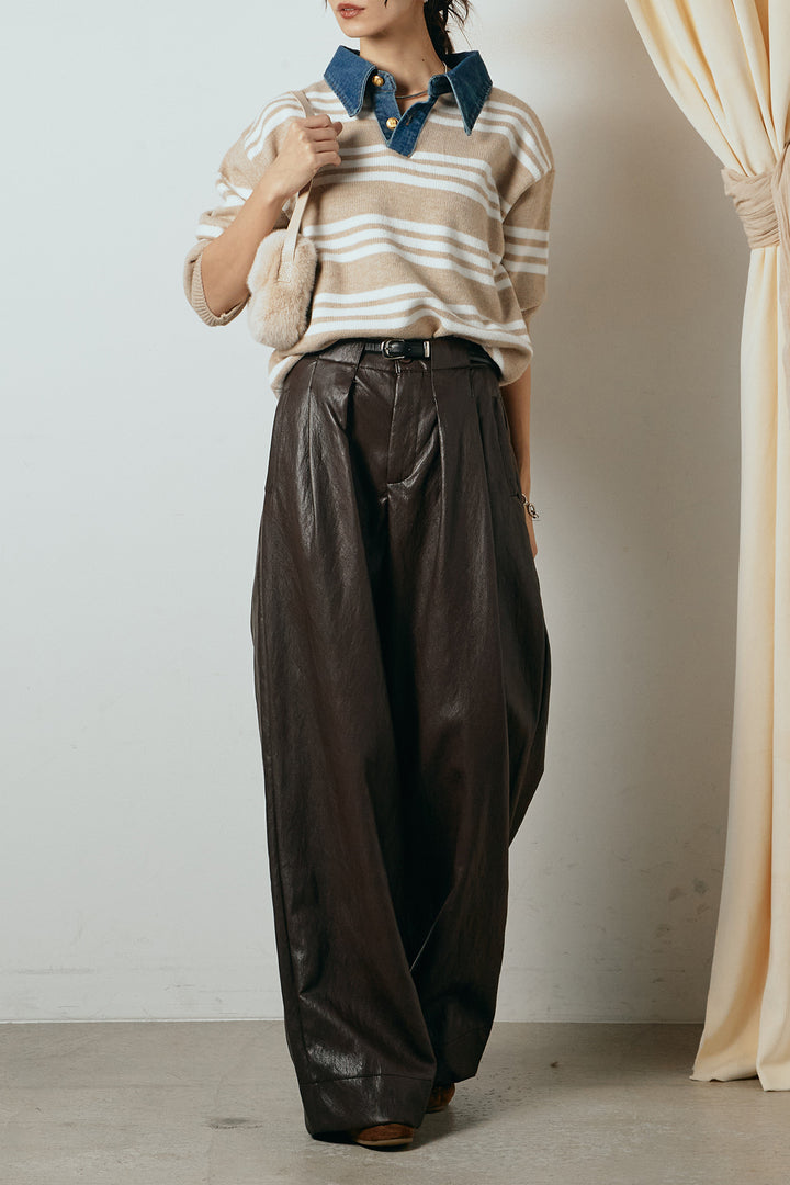 [SET]デニムレイヤード風ランダムボーダーニットプルオーバー+ベルト付きレザーライクタックパンツ(2set)