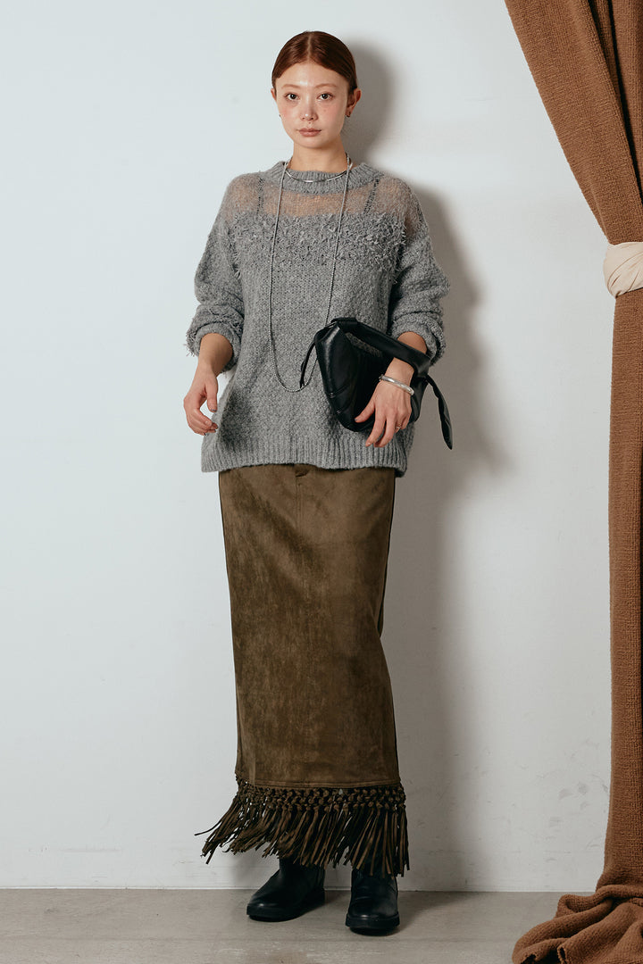 [SET]パターンランダム編みニットトップス+スウェードライク裾フリンジスカート(2set)