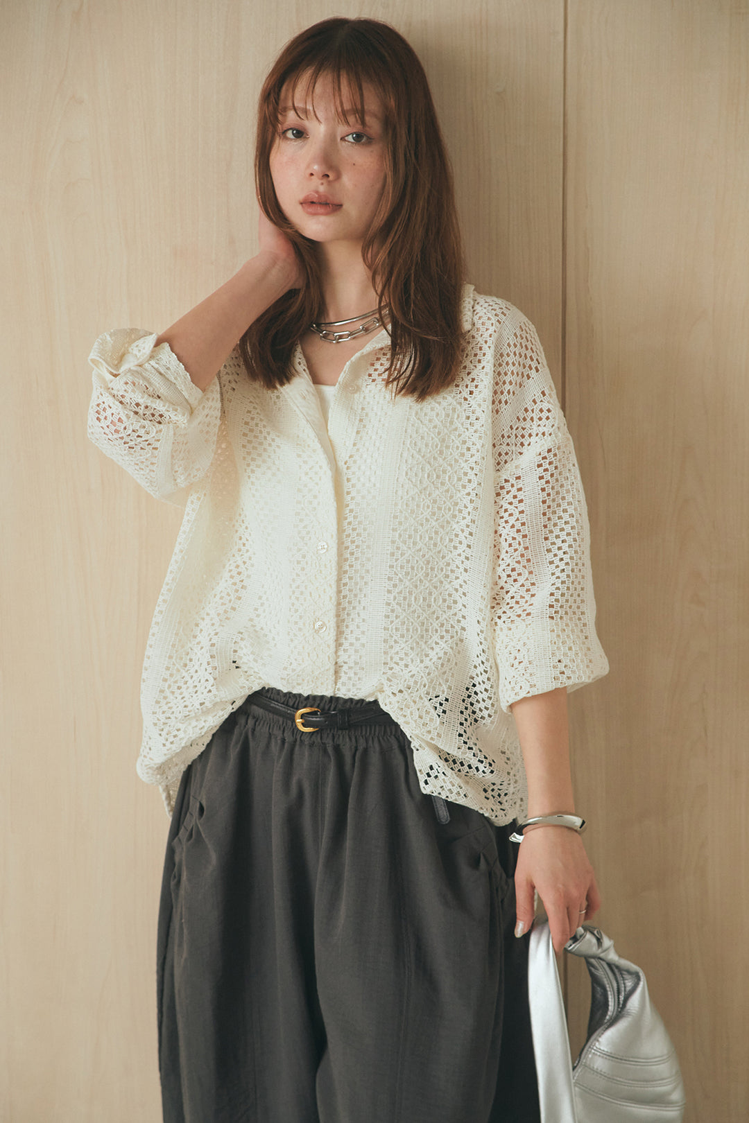 [SET]長袖襟付きレースシャツ+ポケットタックフォルムパンツ(2set)