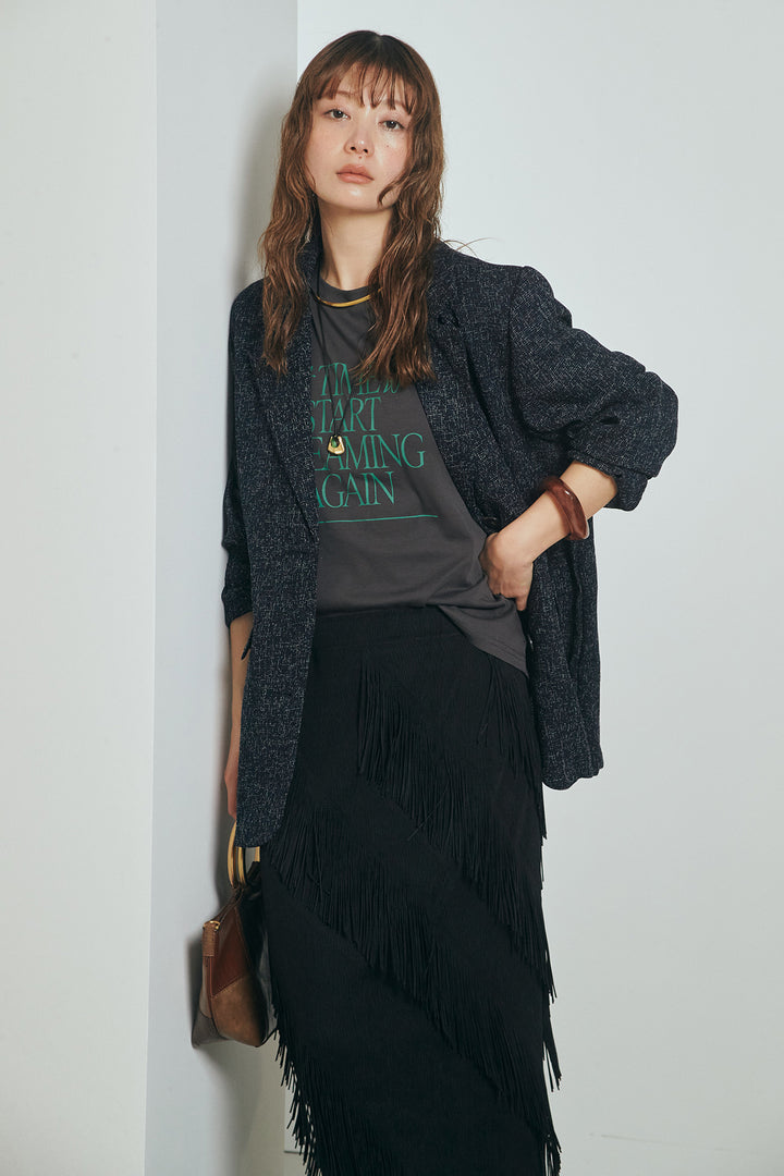 [SET]ミックスツイードベルト付きジャケット+斜めフリンジデザインスカート(2set)