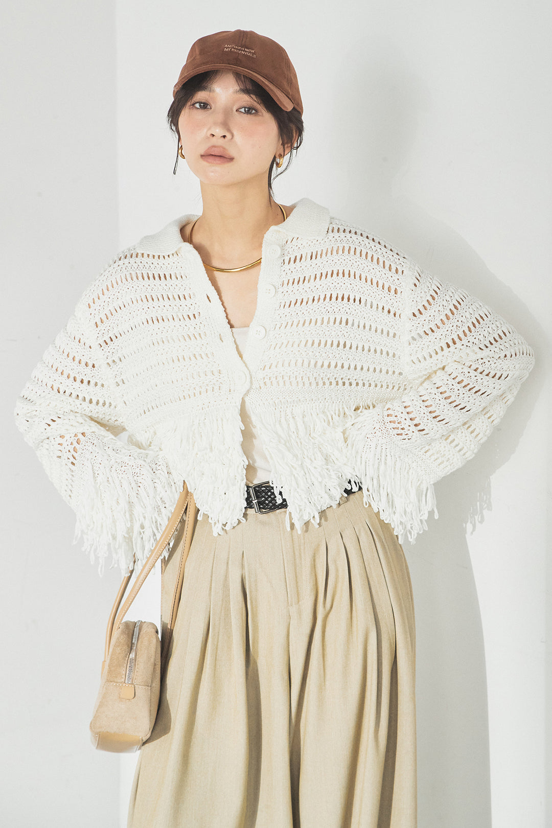 [SET]メッシュフリンジカーディガン+編みベルト付きウエストタックワイドパンツ(2set)