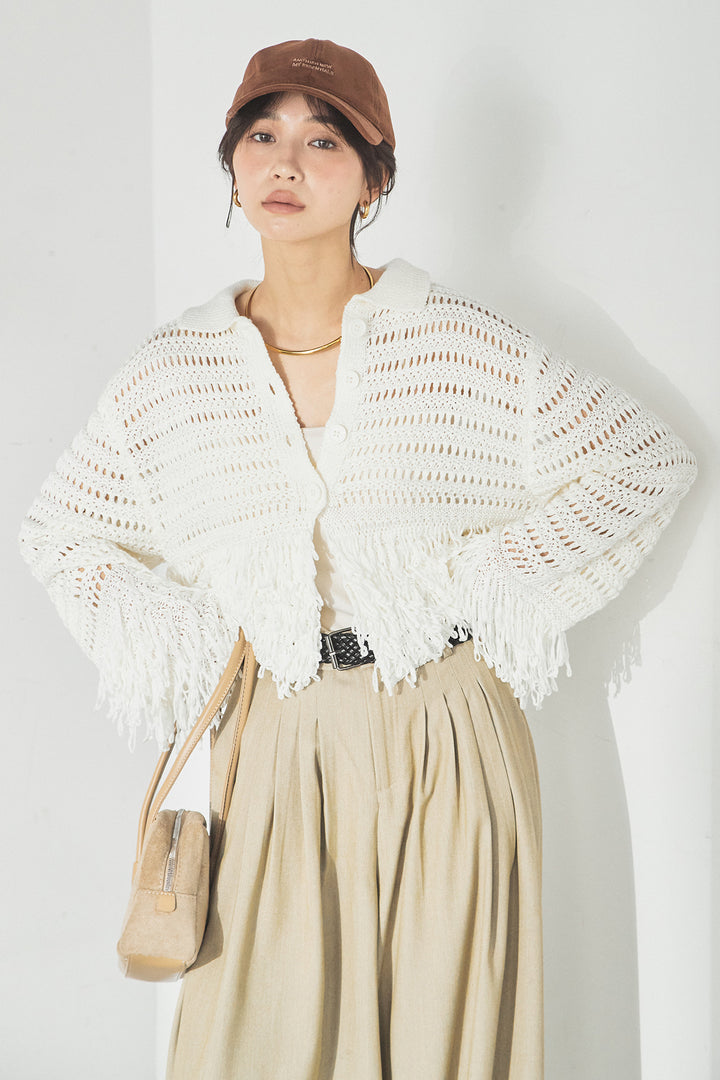 [SET]メッシュフリンジカーディガン+編みベルト付きウエストタックワイドパンツ(2set)