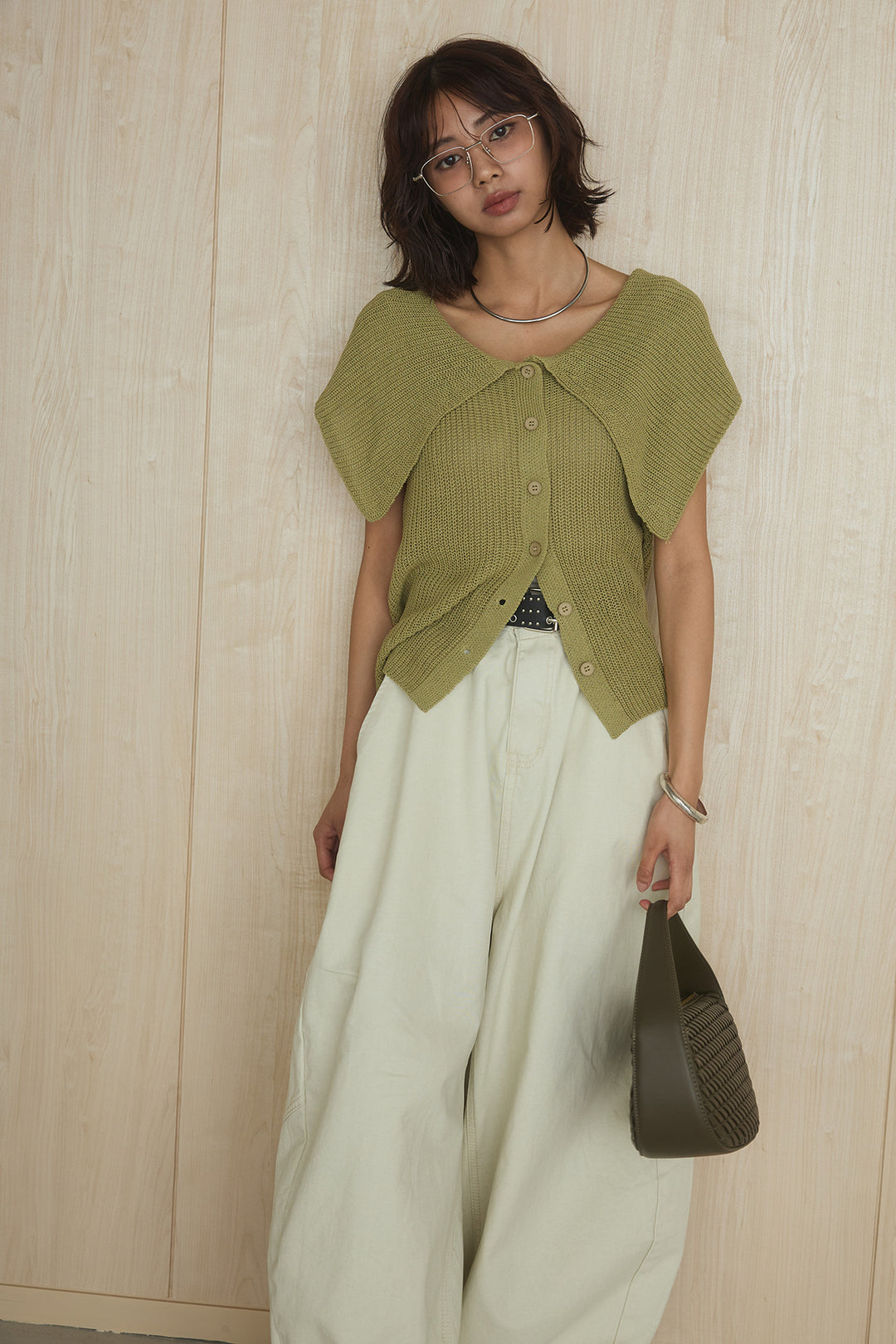 [SET]ビッグカラーボタンニットトップス+ベルト付きカラーデニムパンツ(2set)