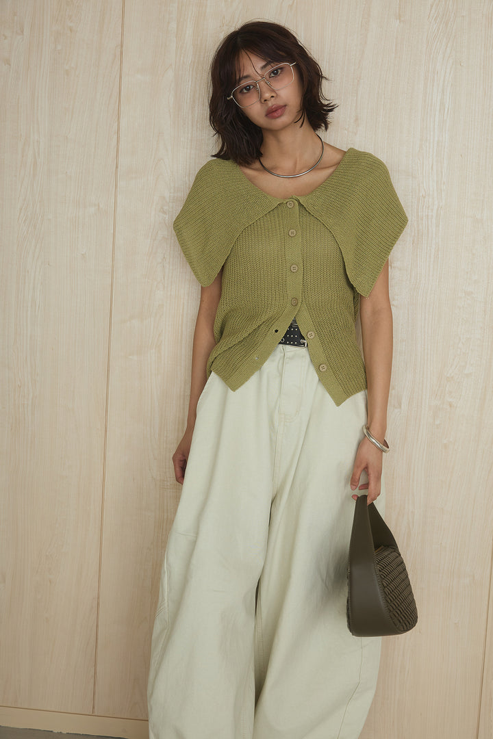 [SET]ビッグカラーボタンニットトップス+ベルト付きカラーデニムパンツ(2set)