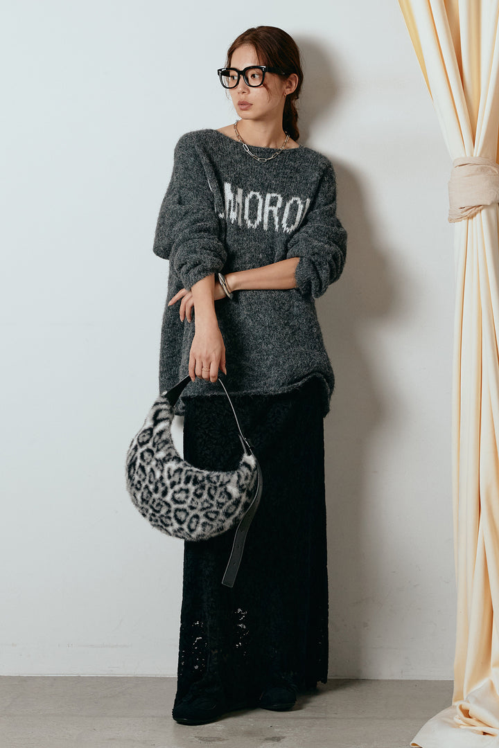 [SET]フロントロゴデザインニットトップス+花柄刺繍ベロアフレアスカート(2set)