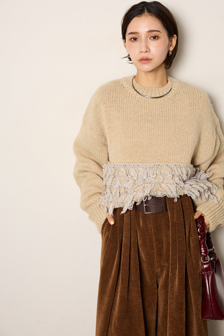 [SET]ループ編み切り替えニットプルオーバー+ベルトループコーデュロイワイドパンツ(2set)