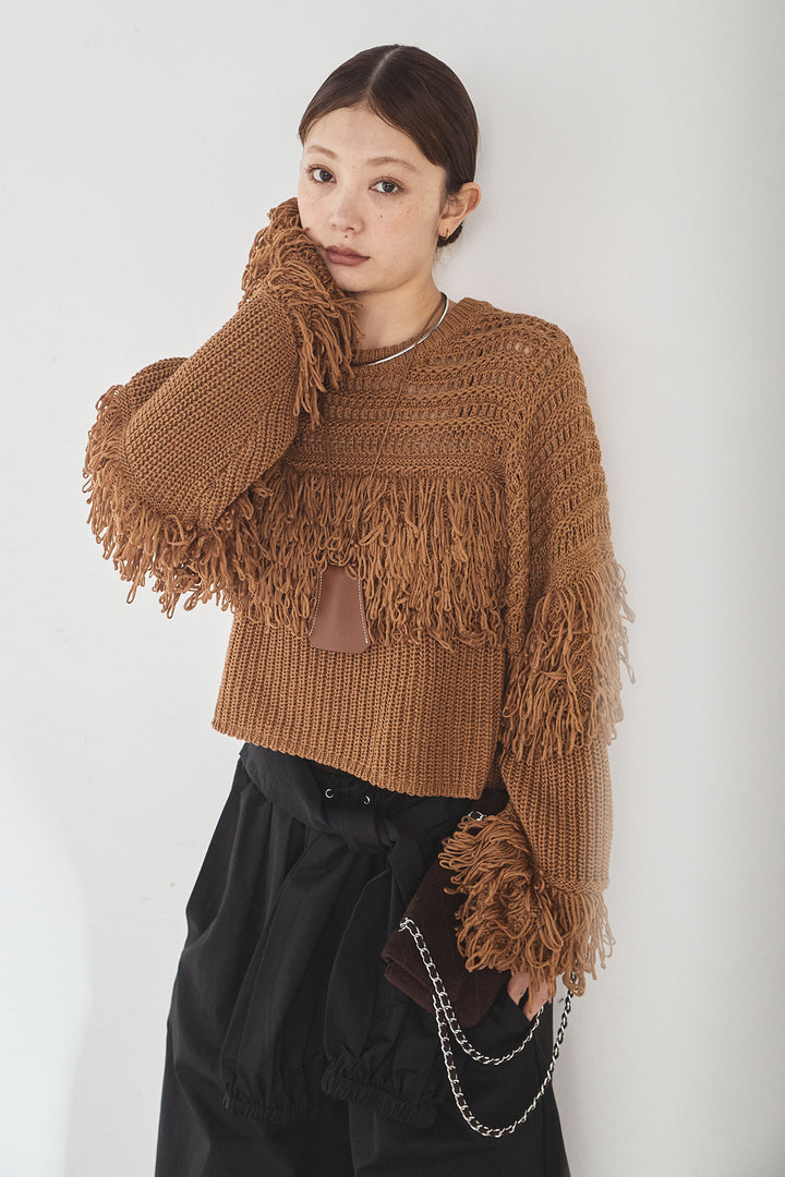 [SET]メッシュフリンジ切り替えプルオーバー+合繊ツイルスタンドウエスト巻きジョガーパンツ(2set)