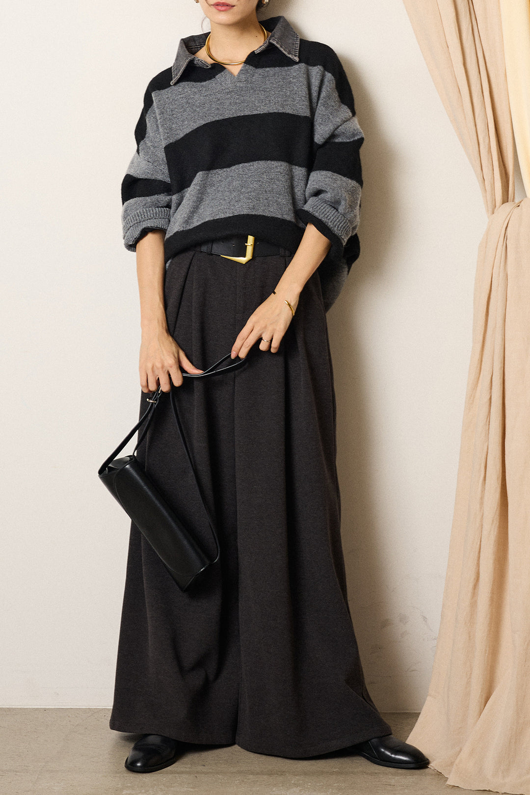 [SET]デニムカラーボーダールーズニット+ゴールドバックル太ベルト付きワイドパンツ(2set)