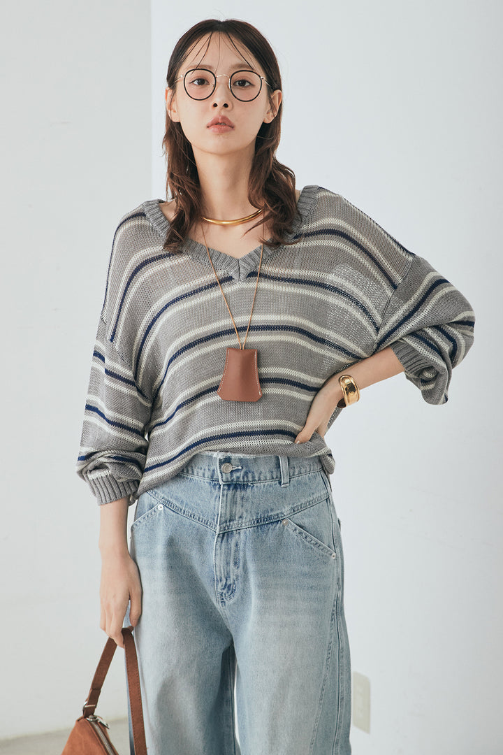 [SET]綿タッチVネックボーダートップス+デニムヨークパンツ(2set)