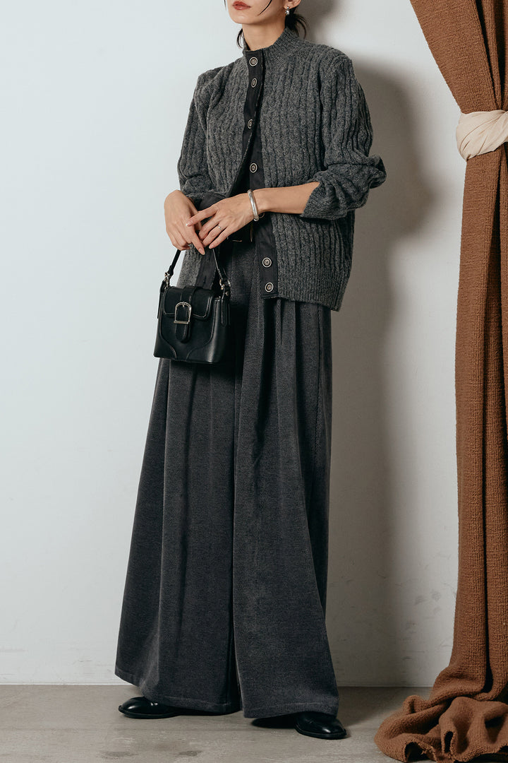 [SET]ボトルネックケーブルニットカーディガン+ベルトループコーデュロイワイドパンツ(2set)
