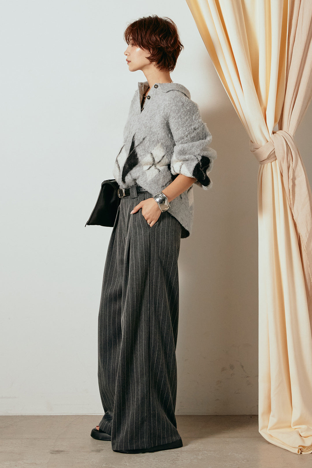 [SET]アーガイル柄ポロニットトップス+ストライプヘリンボーンパンツ(2set)