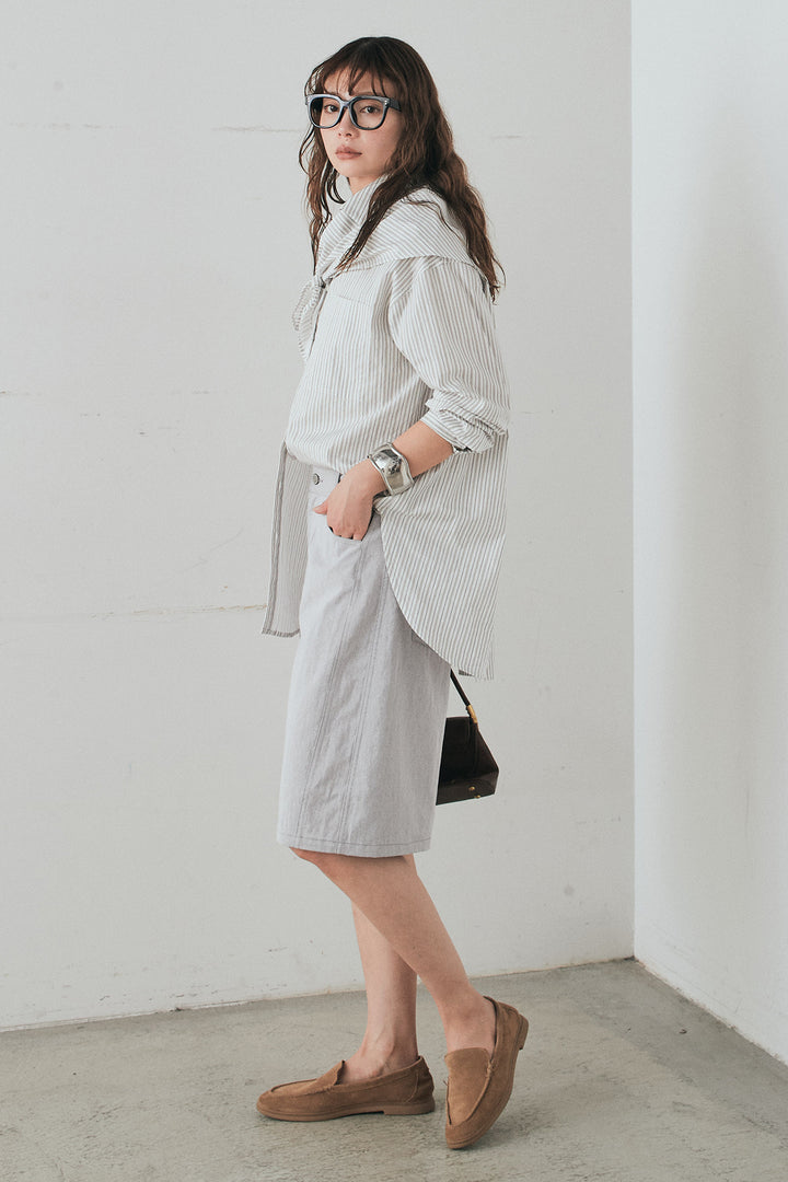 [SET]ランダムストライプスカーフ付きシャツ+デニムハーフパンツ(2set)