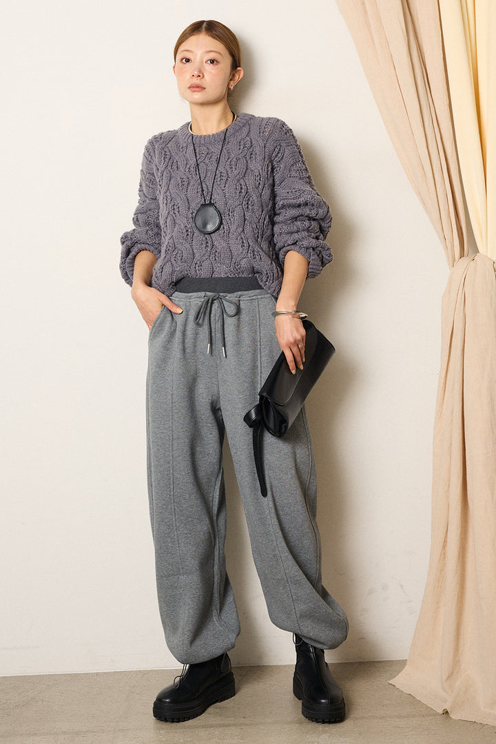 [SET]ケーブルリラックスショートニット+スウェットワイドカーブパンツ(2set)