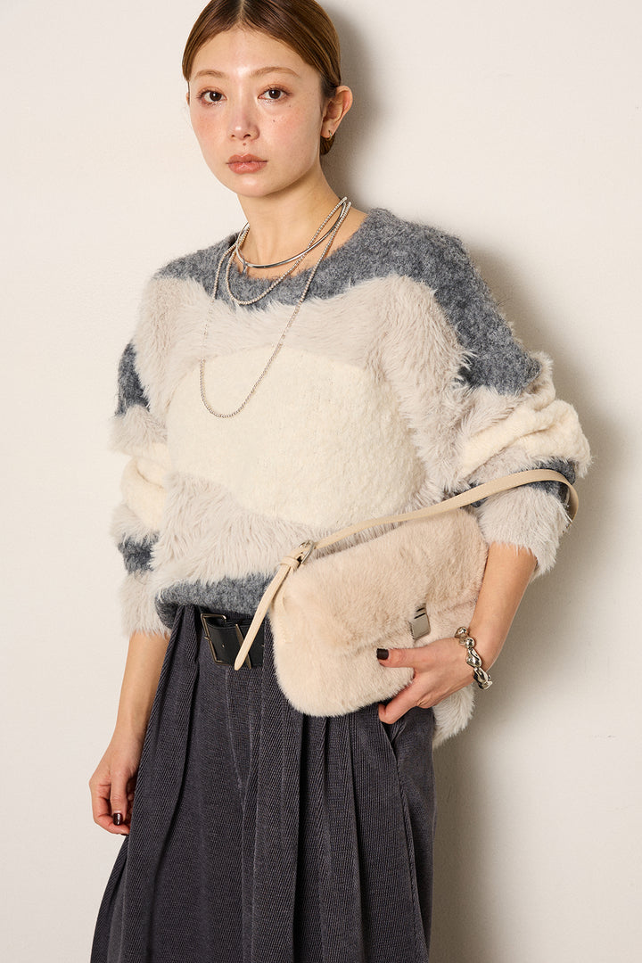 [SET]シャギーウェーブ柄クルーネックニットトップス+ベルトループコーデュロイワイドパンツ(2set)