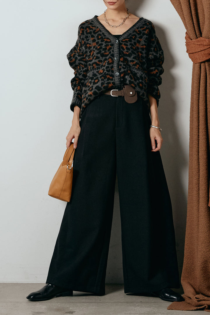 [SET]ステッチデザインレオパードニットカーディガン+ポーチベルト付きカーブパンツ(2set)
