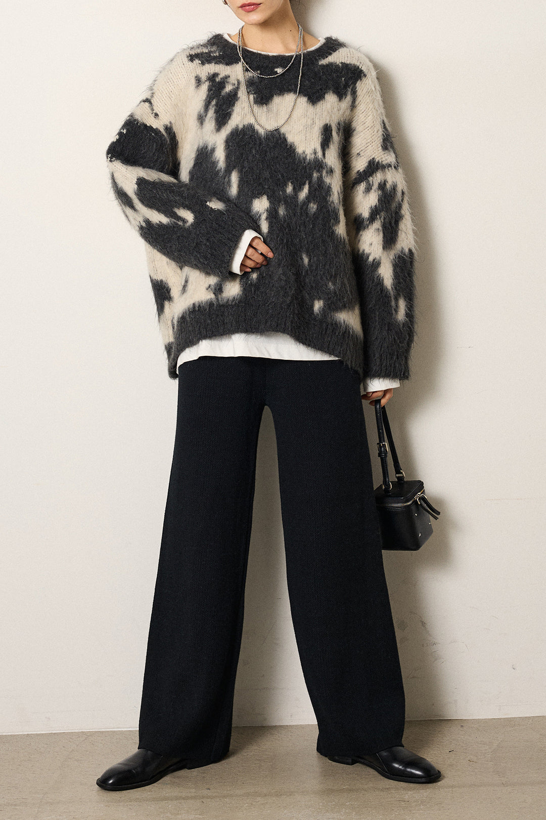 [SET]モヘアタッチマーブルニット+ワイドリブニットイージーパンツ(2set)
