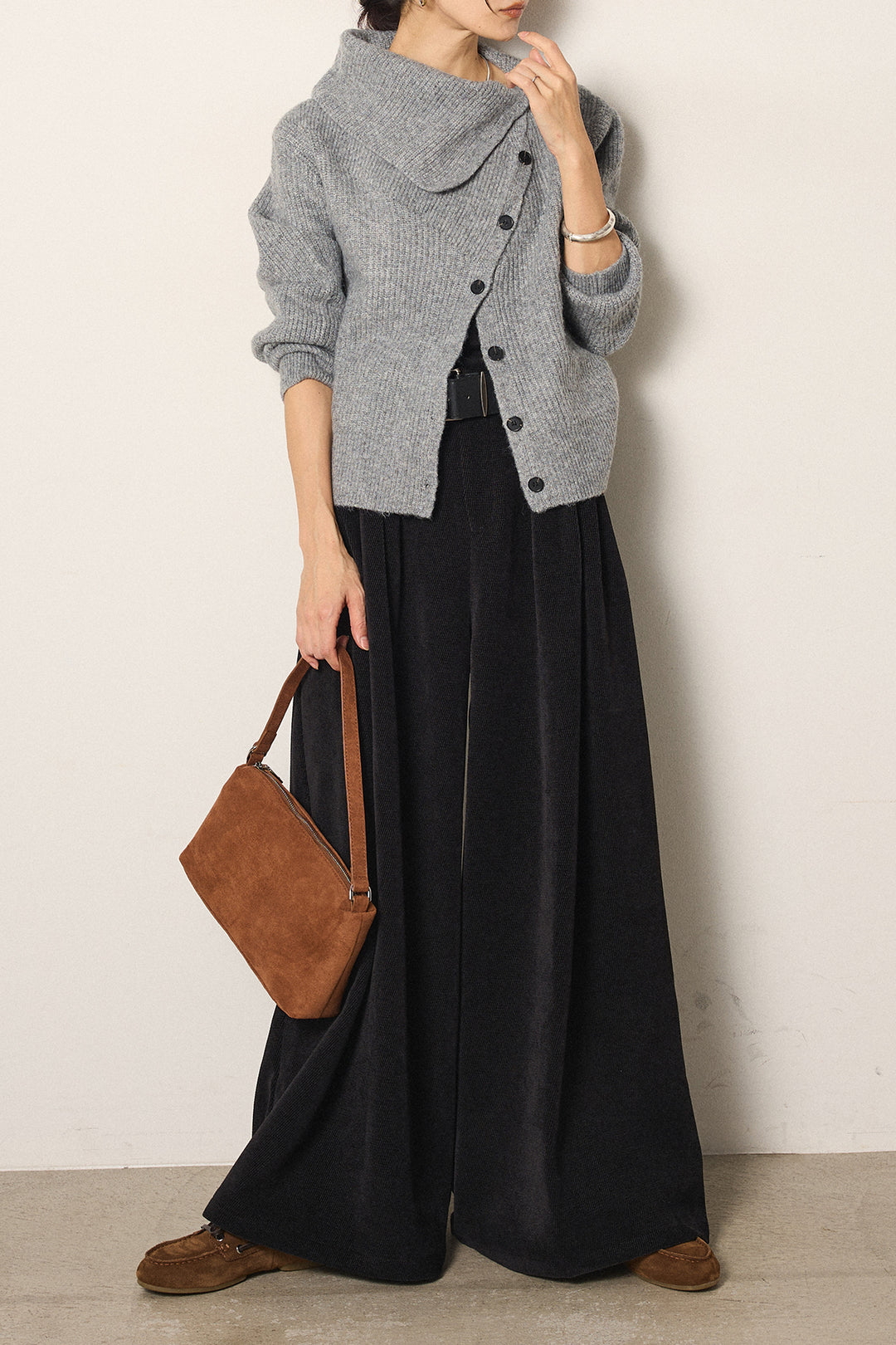 [SET]ボタンデザインネックニットプルオーバー+ベルトループコーデュロイワイドパンツ(2set)