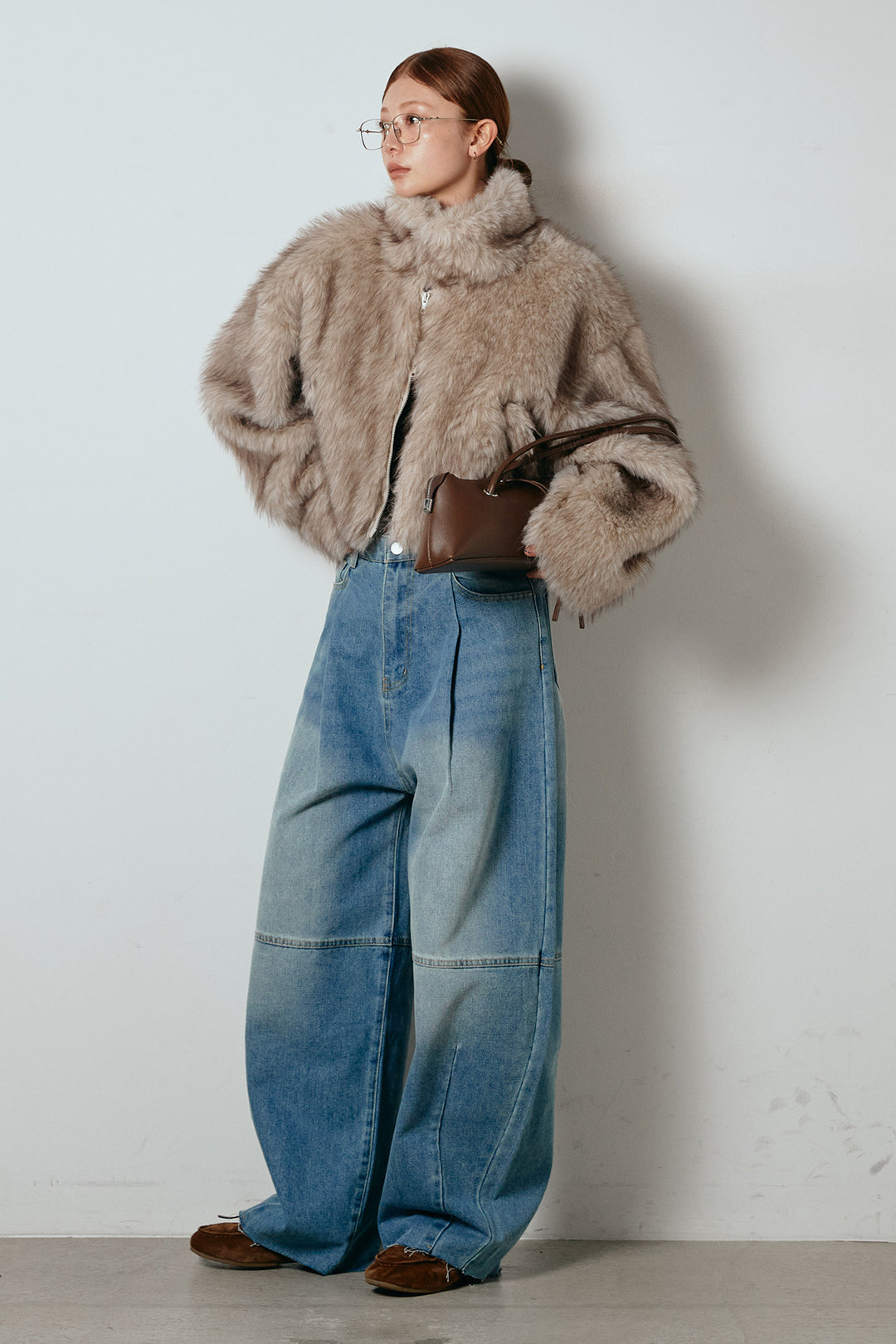 [SET]エコファーショート丈ブルゾン+加工デニムタックコクーンワイドパンツ(2set)