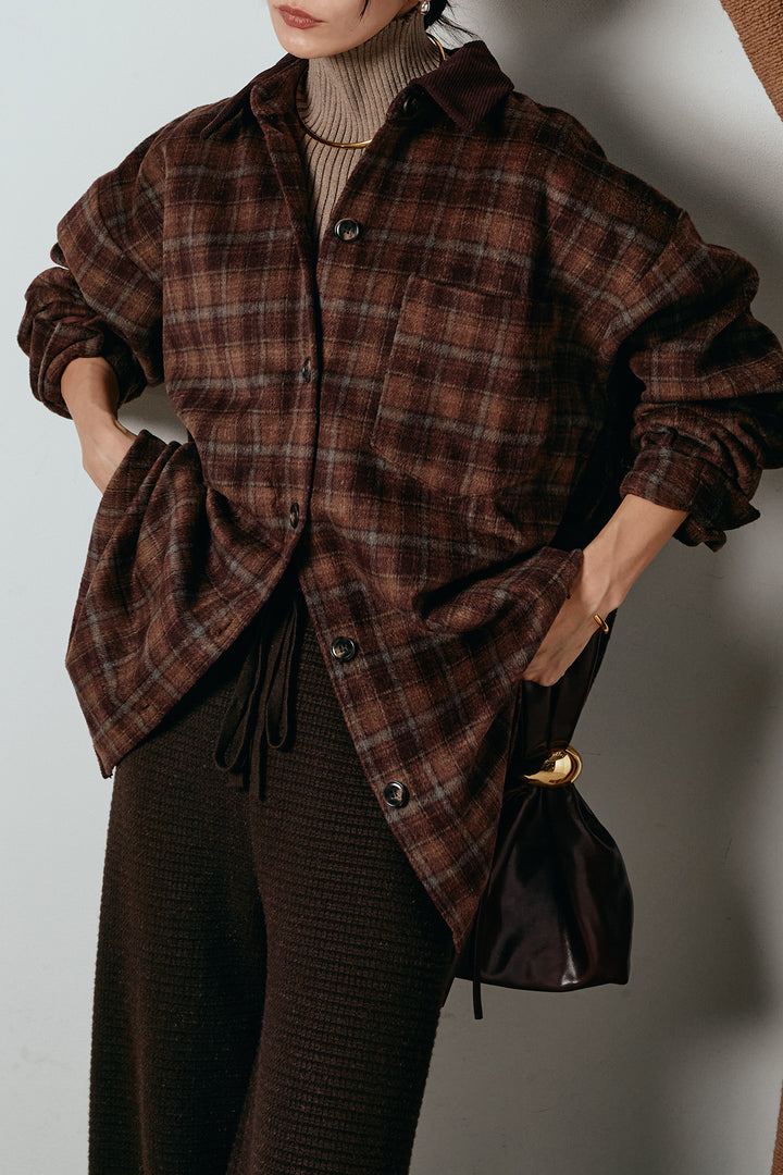 [SET]シャギーチェックシャツジャケット+ワイドリブニットイージーパンツ(2set)