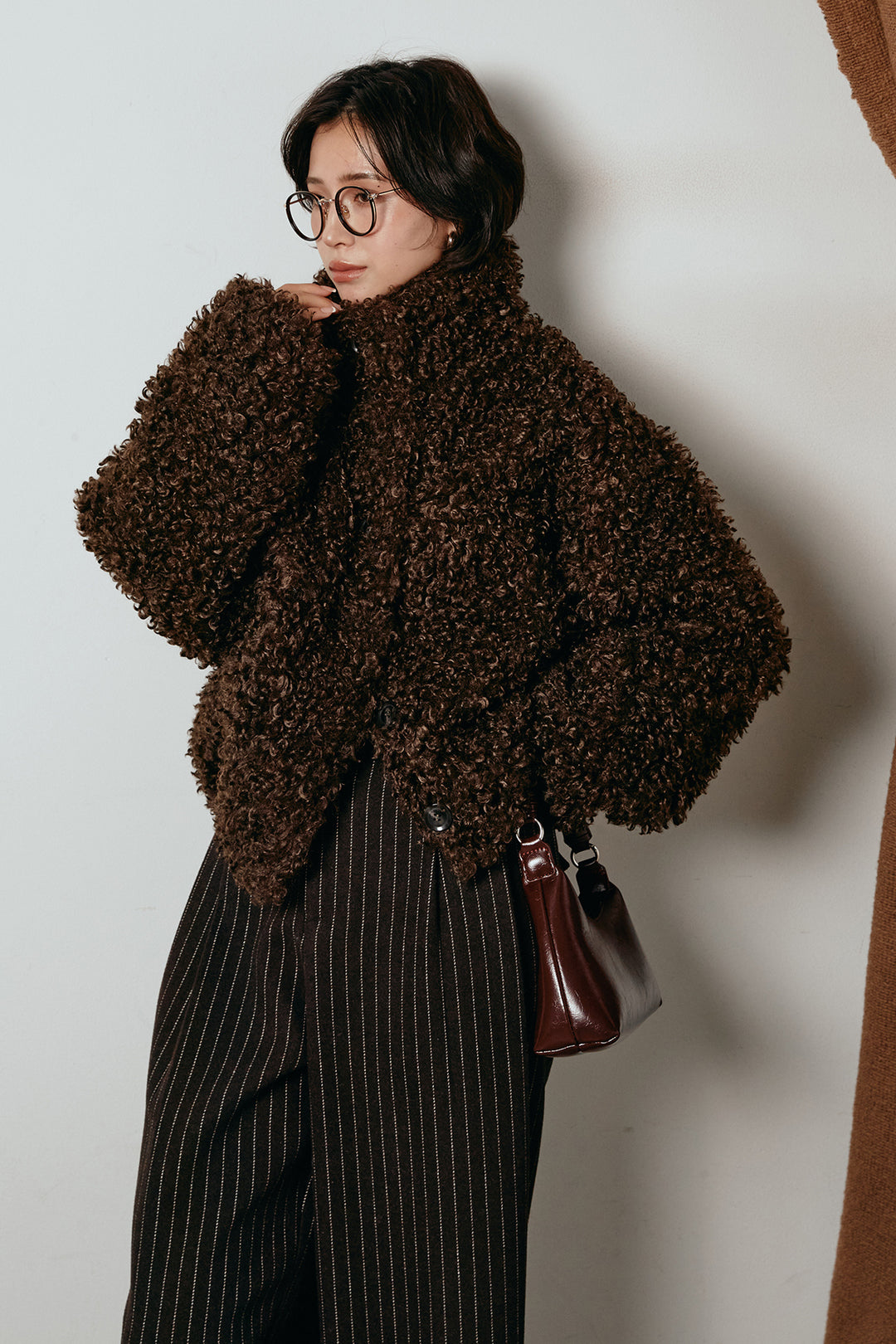 [SET]プードルファーミドルジャケット+ウールライクストライプパンツ(2set)