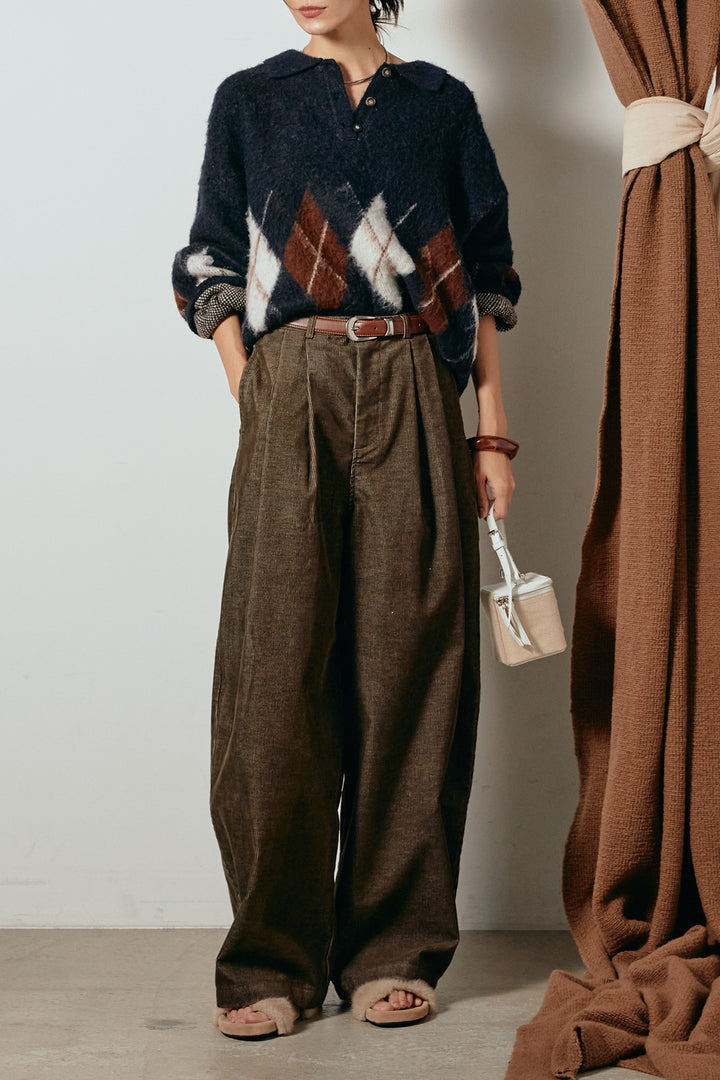 [SET]アーガイル柄ポロニットトップス+フロントタック入りコーデュロイパンツ(2set)