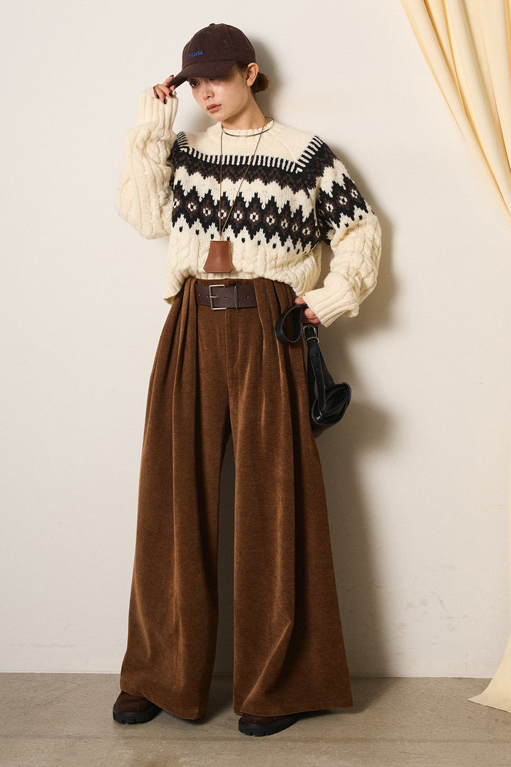 [SET]2WAY求心柄ジャガードショートカーディガン+ベルトループコーデュロイワイドパンツ+2WAY袖コード刺繍クルーネックプルオーバー(3set)