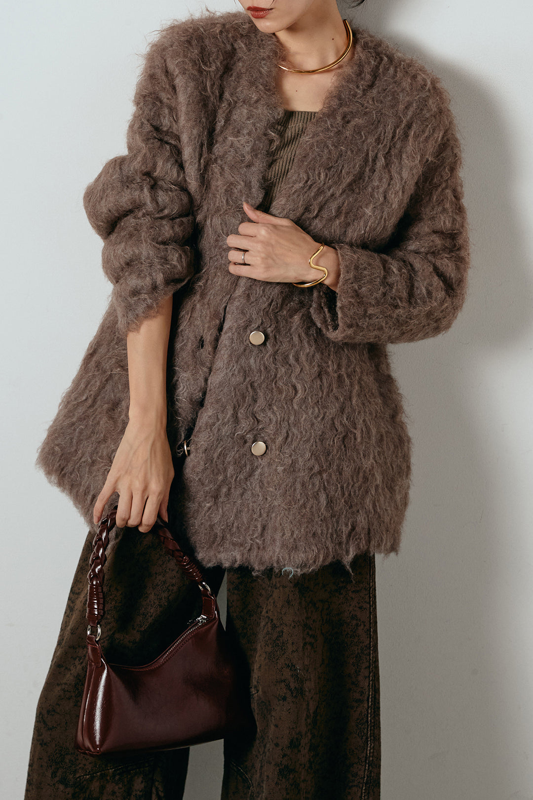 [SET]ウェーブシャギーニットジャケット+ベルト付きニュアンス柄カーブワイドパンツ(2set)