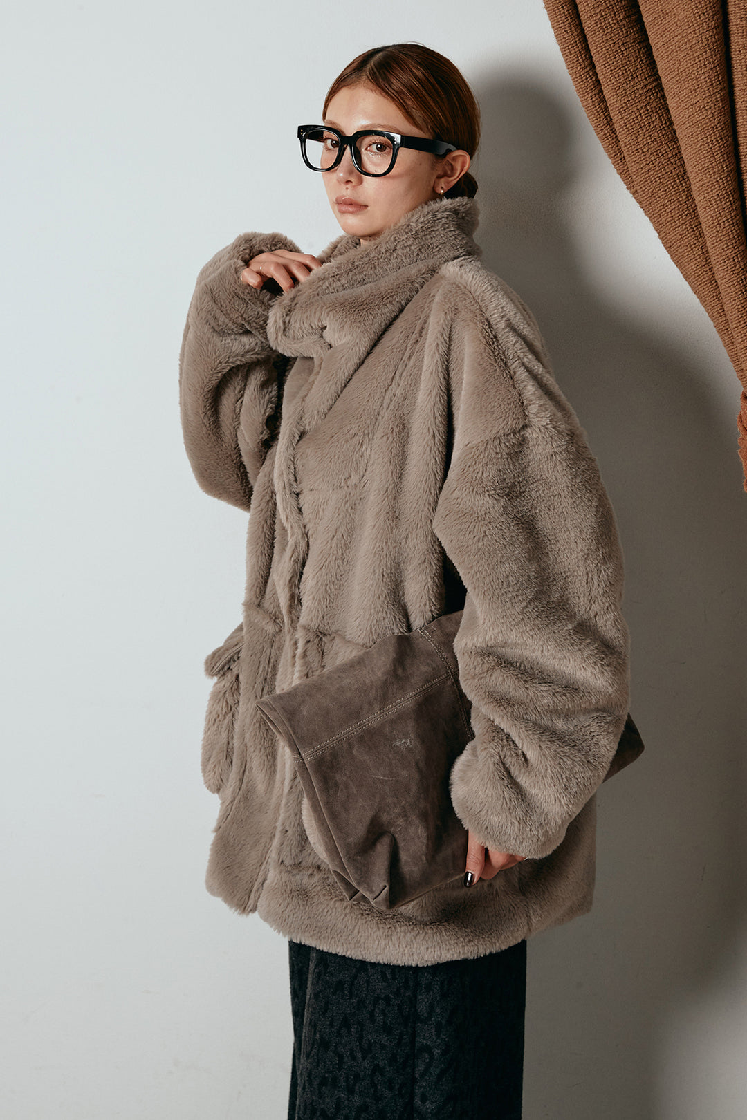 [SET]スタンドネックファーコート+レオパードジャガードニットパンツ(2set)