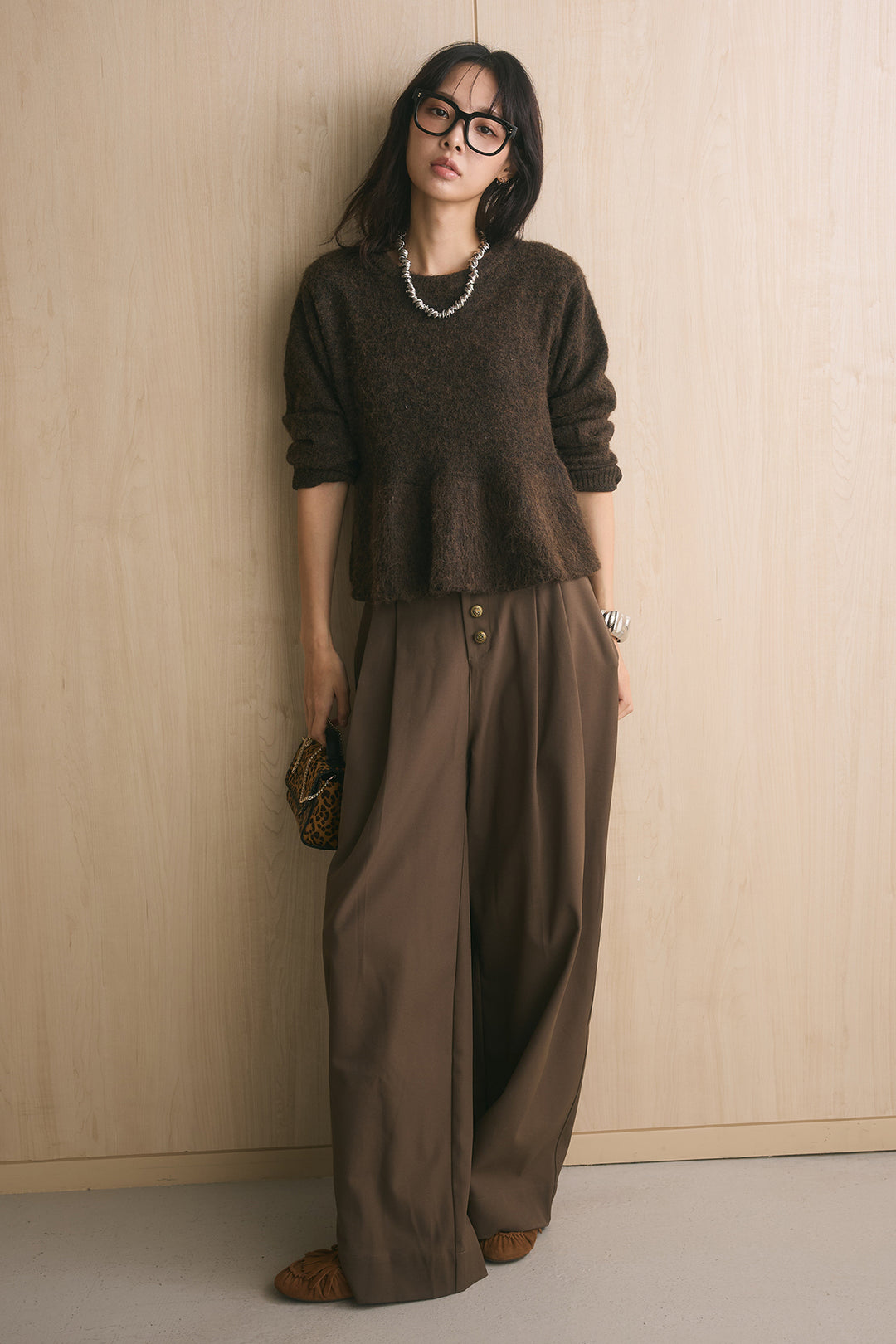 [SET]モヘアぺプラムクルーネックプルオーバー+ファイブボタンツータックワイドパンツ(2set)