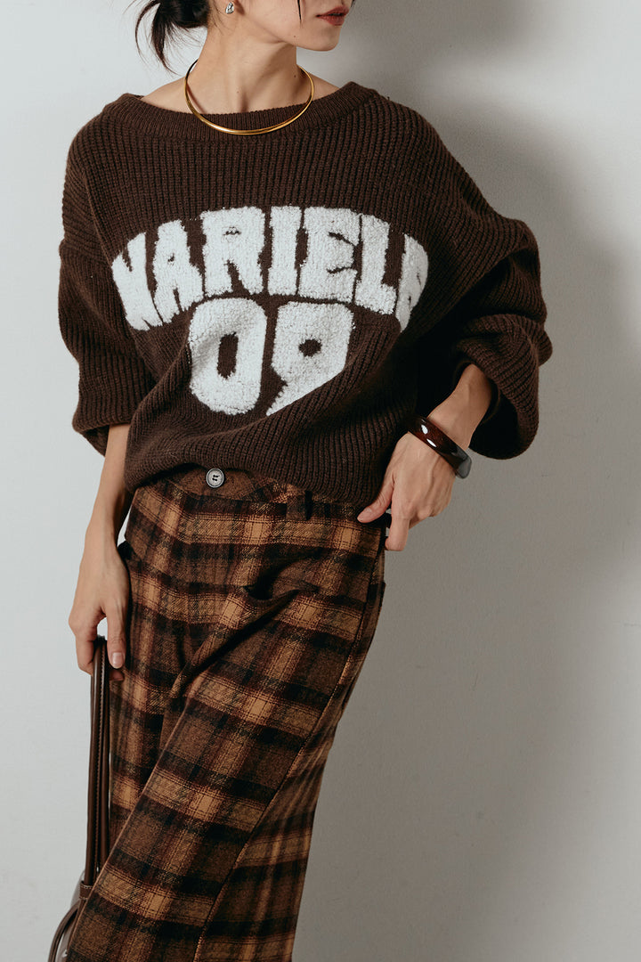 [SET]ロゴジャガードニットトップス+ルーズタータンチェックワイドパンツ(2set)