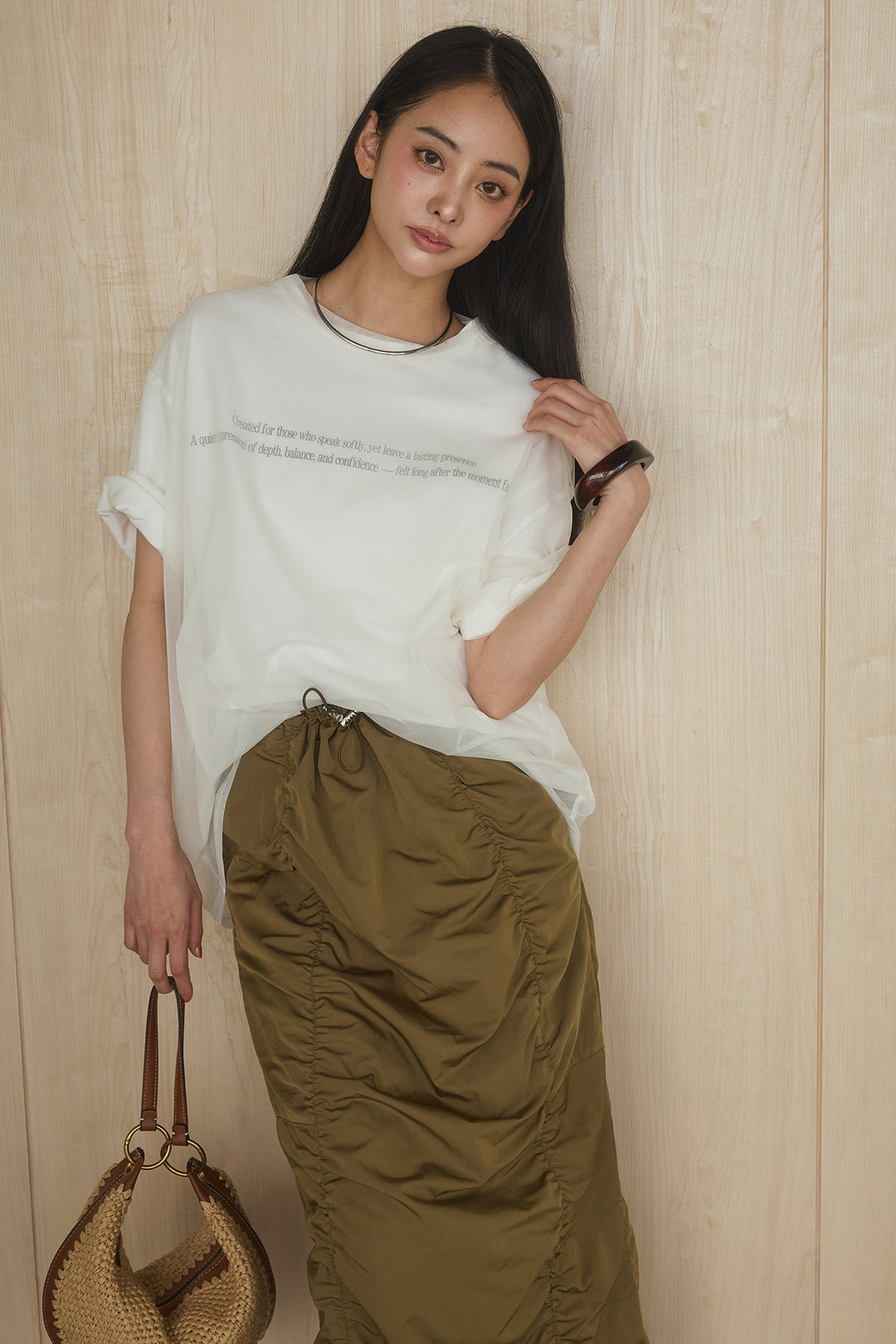 [SET]綿天竺Tシャツ×チュールトップス+ギャザーナロースカート(2set)