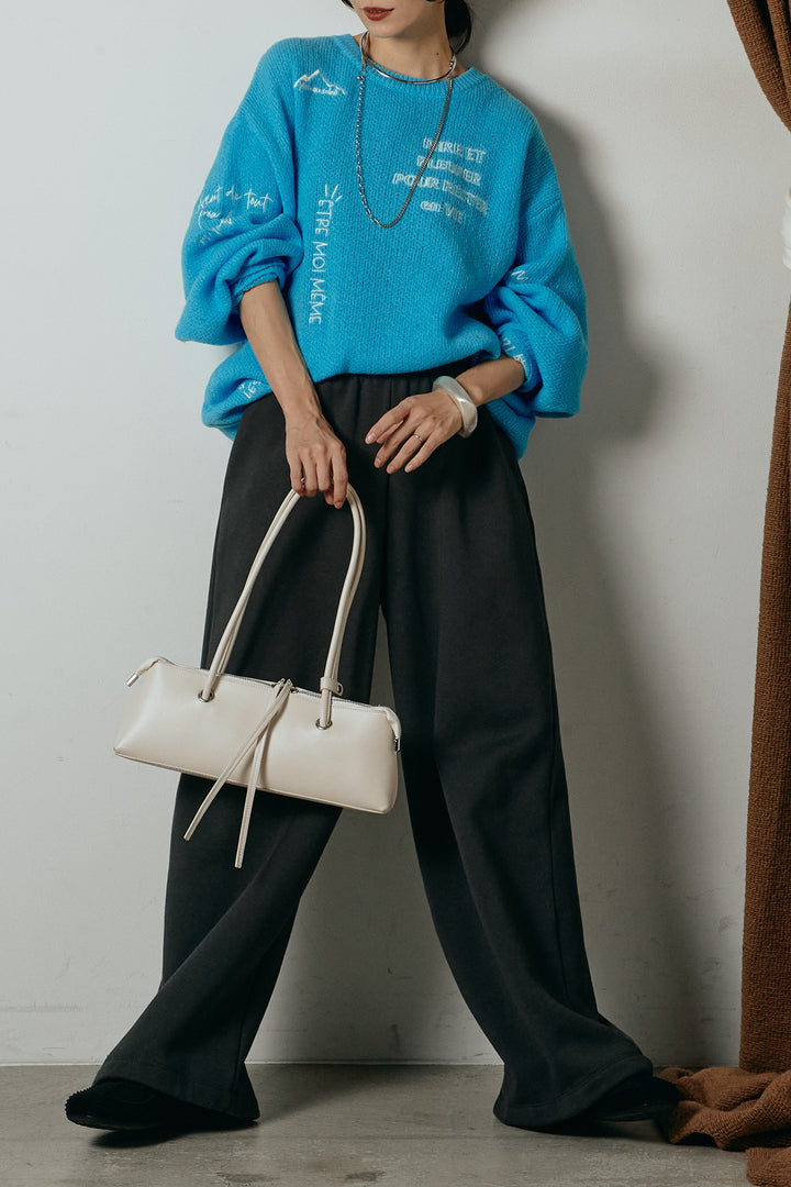 [SET]刺繍ロゴランダムデザインニットトップス+裏起毛スウェットワイドパンツ(2set)