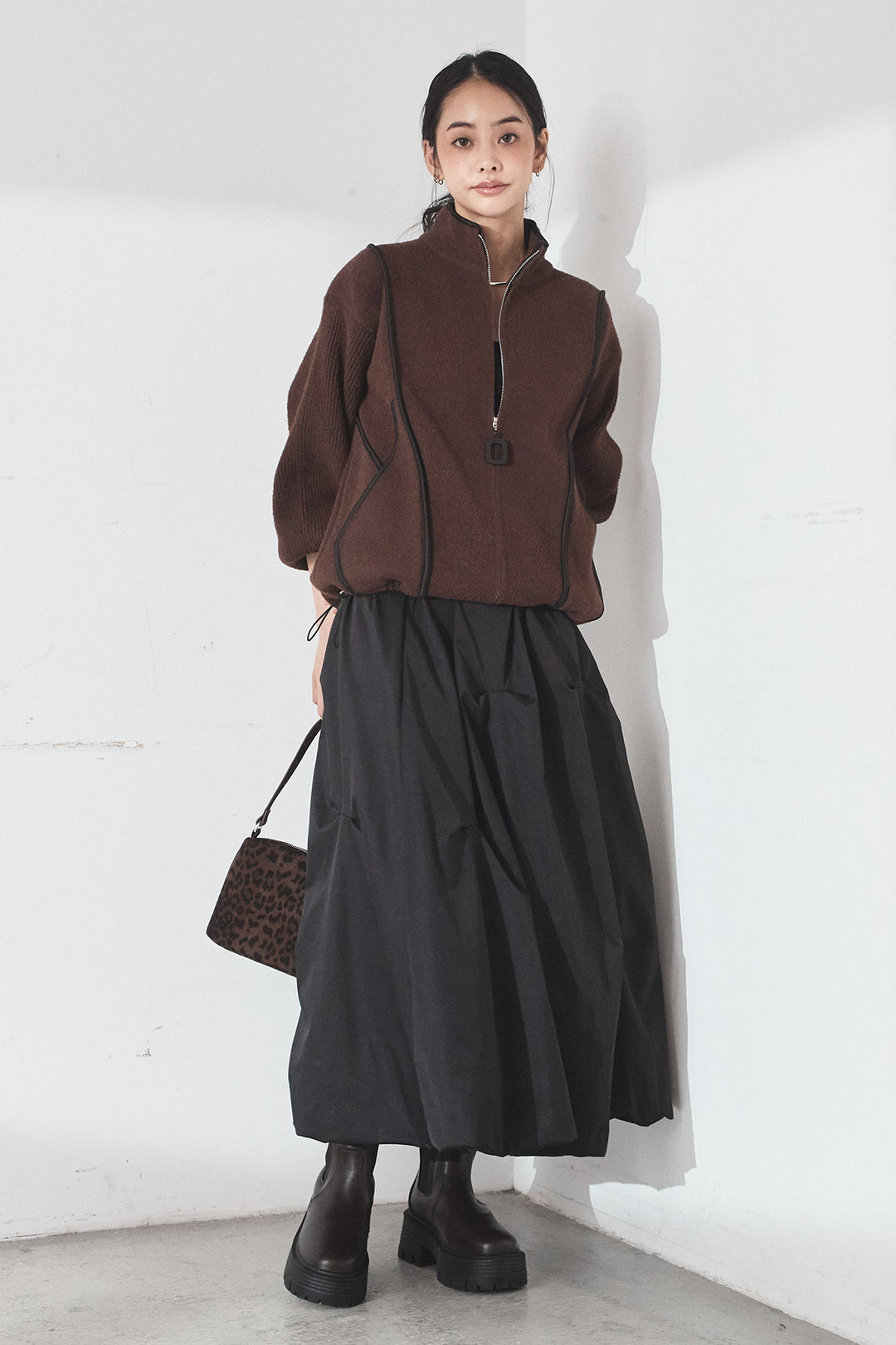 [SET]ハイネックパイピングデザインブルゾン+ランダムタックバルーンスカート(2set)