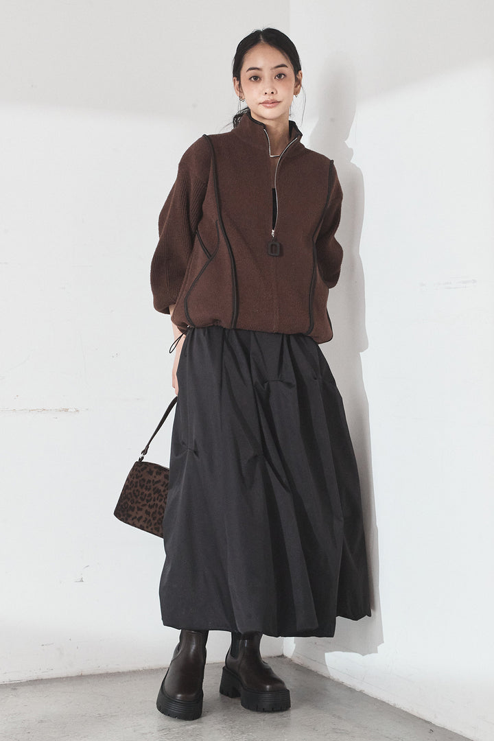 [SET]ハイネックパイピングデザインブルゾン+ランダムタックバルーンスカート(2set)