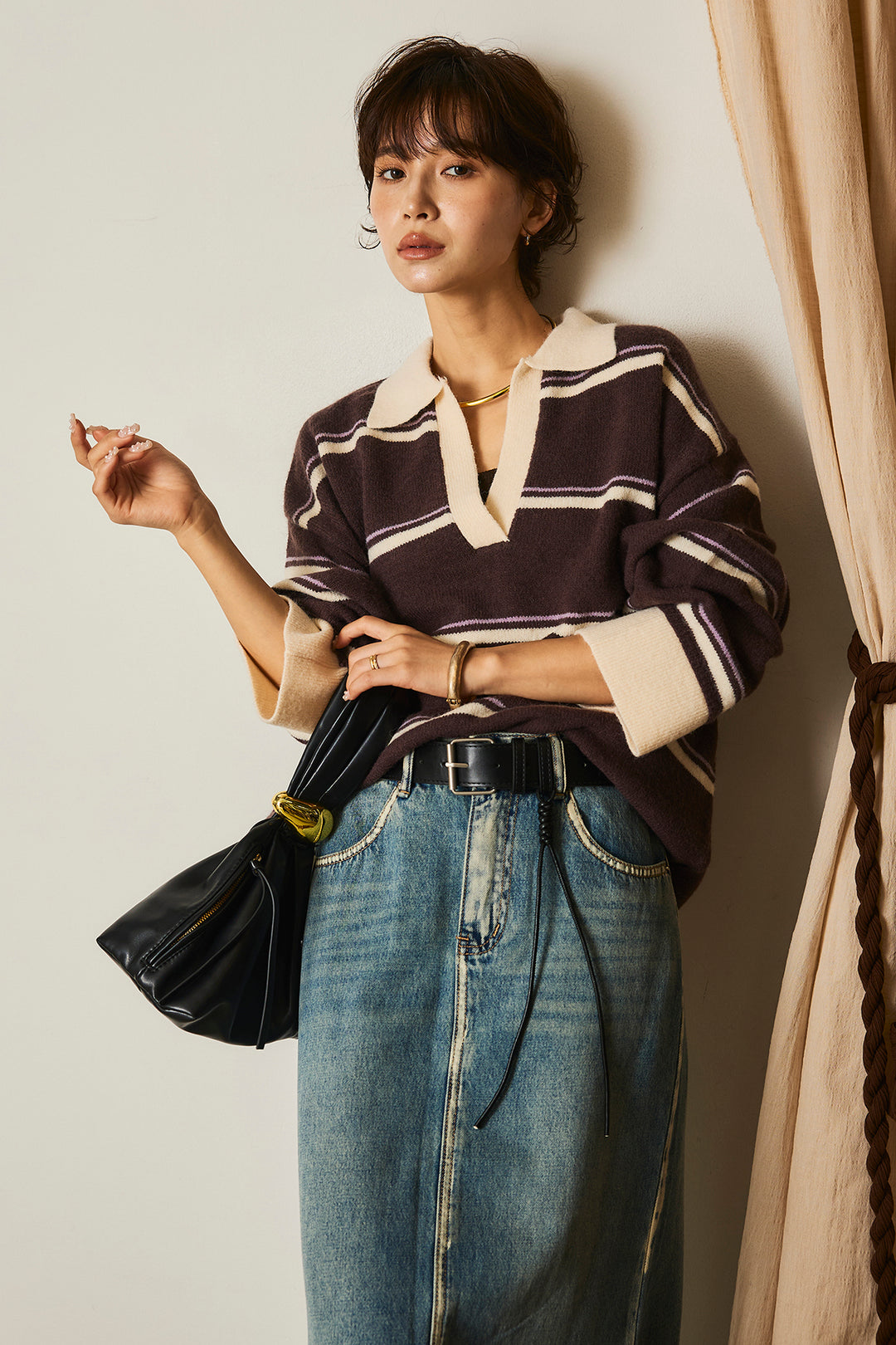 【即納】フェイクレザー太ベルト付きデニムワイドスカート