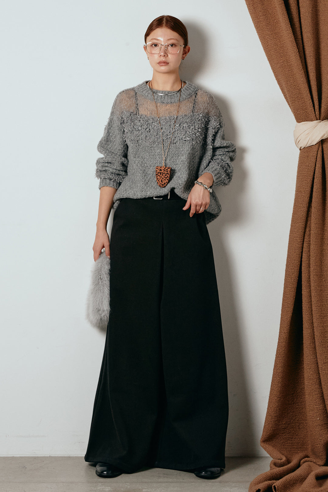 [SET]パターンランダム編みニットトップス+ベルト付きフロントタックデザインパンツ(2set)