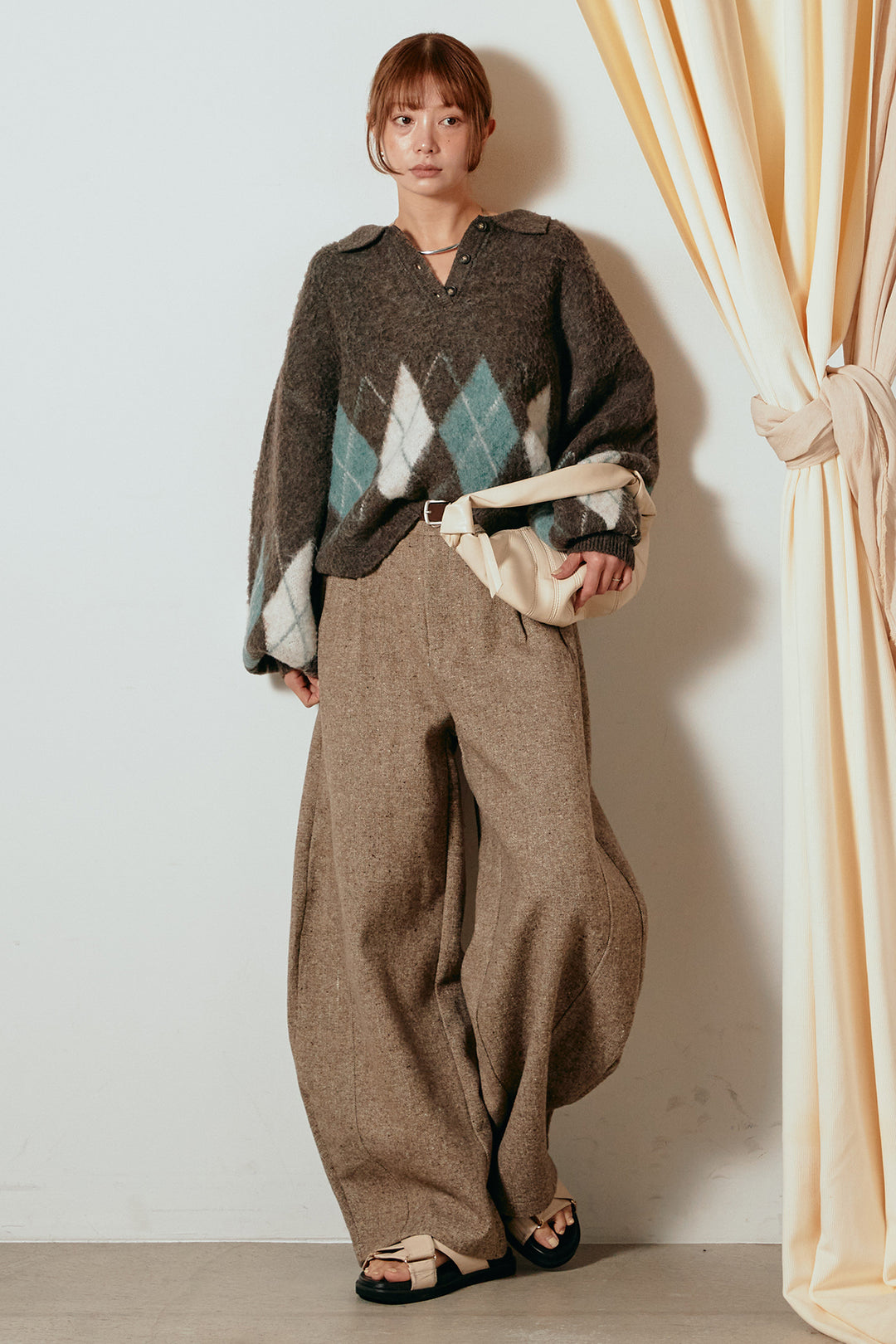 [SET]アーガイル柄ポロニットトップス+ベルト付きネップツイードカーブパンツ(2set)